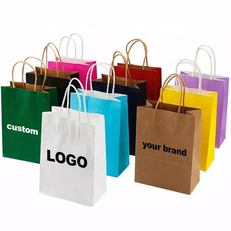 100pcs Custom Your Own Logo Recyclable Printed Kraft Paper Bag Shopping ...