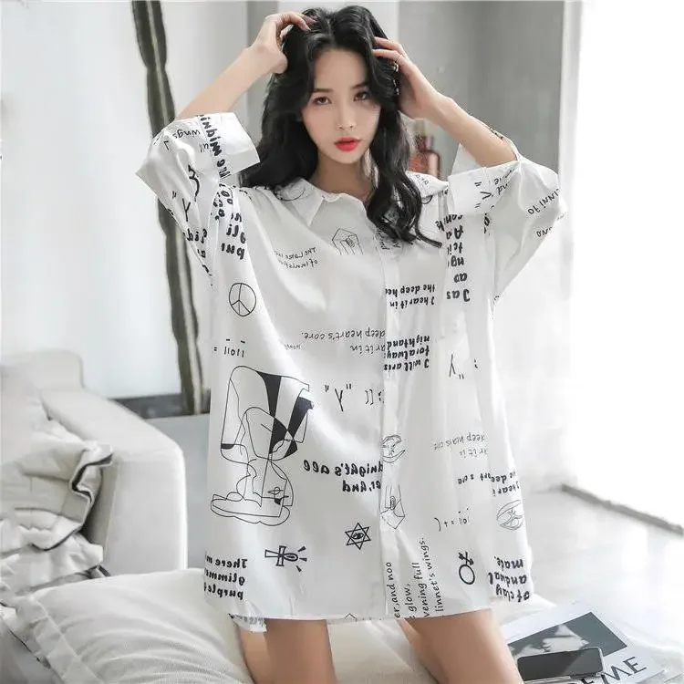 

Spring Clothing White Printed Loose Pattern Women's Shirts and Blouses Top for Woman Long Sleeve Cute Elegant Tunic 2024 Novelty