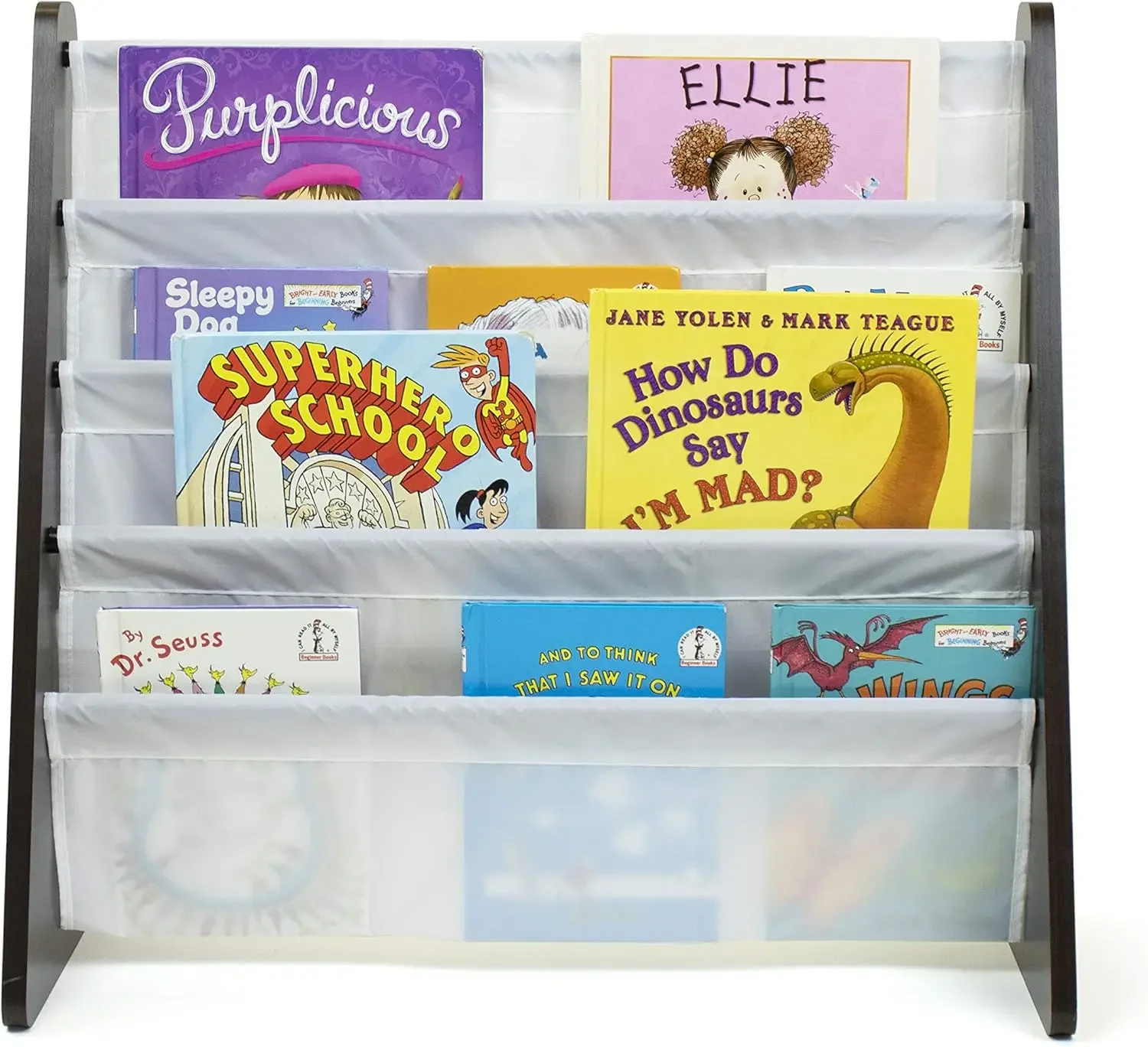 Wood/White - Premium Book Shelf for Kids Rooms with Four Deep Pockets - Toddler Sling Book Rack with Deep Sleeves 6