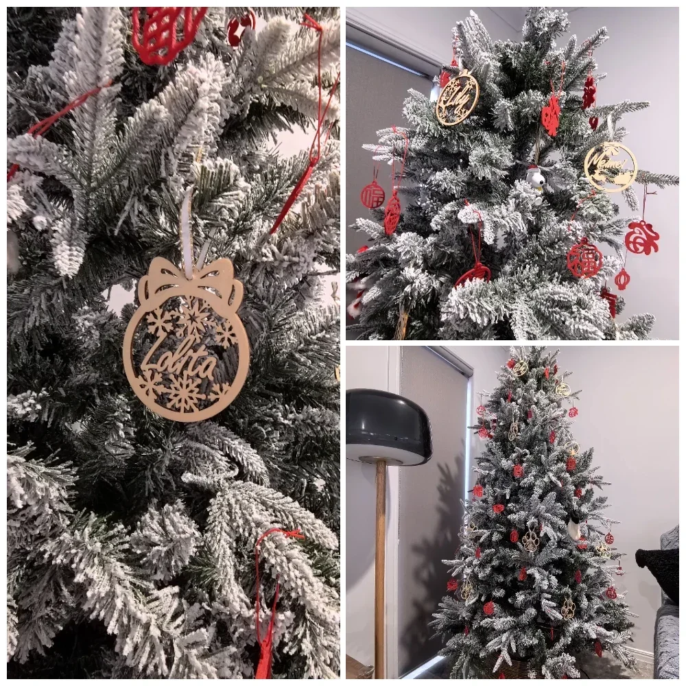 Christmas Decorations Personalized Christmas Snowflake Ball Laser Cut Baubles Different Name Ornament Christmas Hanging Gift Tree Wooden Tags