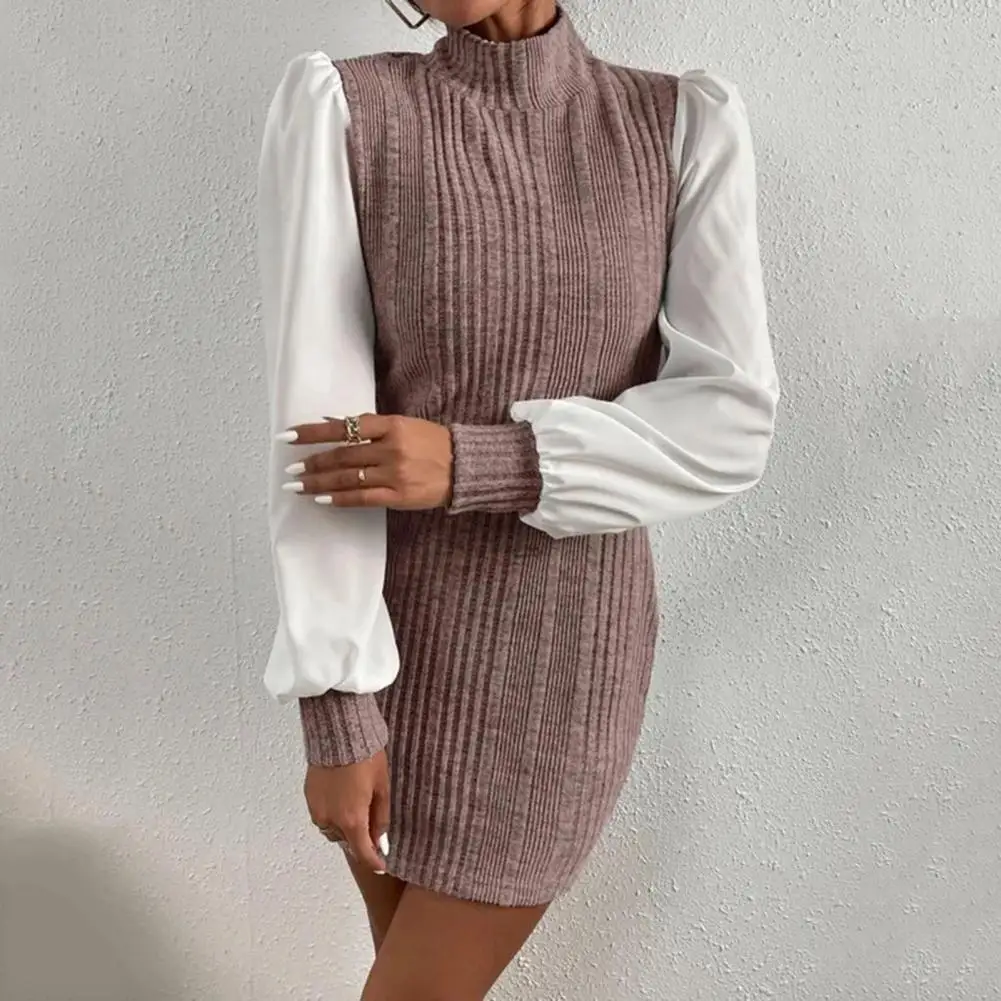 

Women Spring Dress Slim Fit Patchwork High Collar Ribbed Long Sleeve Contrast Color Sheath Tight Waist Above Knee Commute Mini D