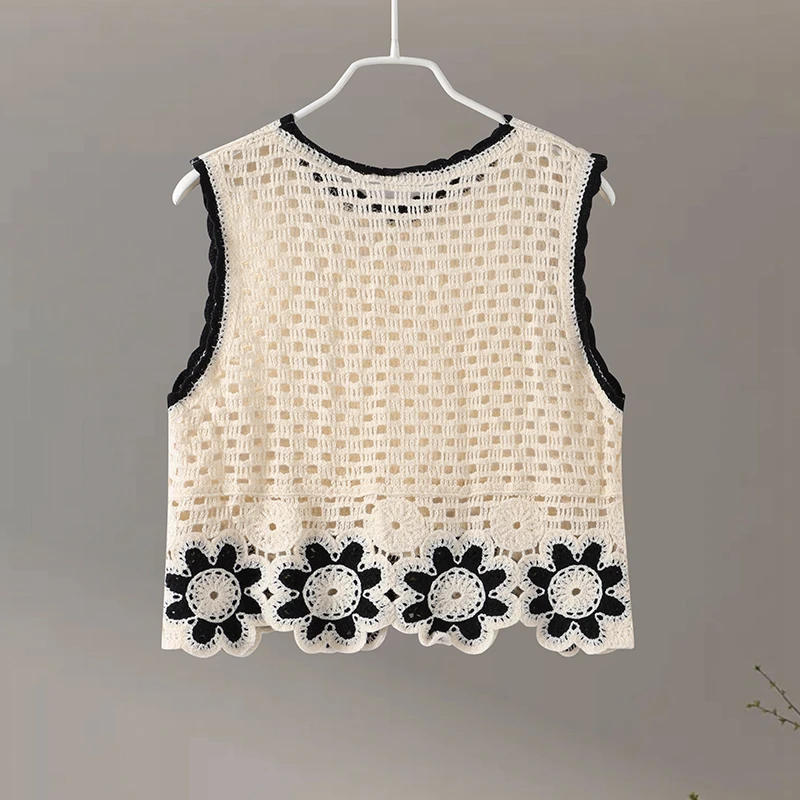 Description Picture 4 of itemPrint Hollow Out Knit Set Women Sleeveless Sexy O-neck Short Vest Flower Knitting Pants Casual Simple Vintage 2 Piece Female Set