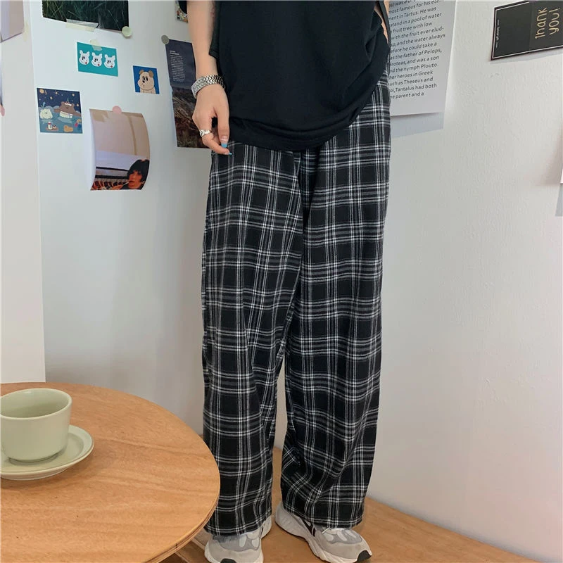 Zoki Autumn Women Plaid Pants Casual Oversize Loose Wide Leg Trouser Retro Teens Harajuku Black Hip Hop All Match Streetwear 3XL