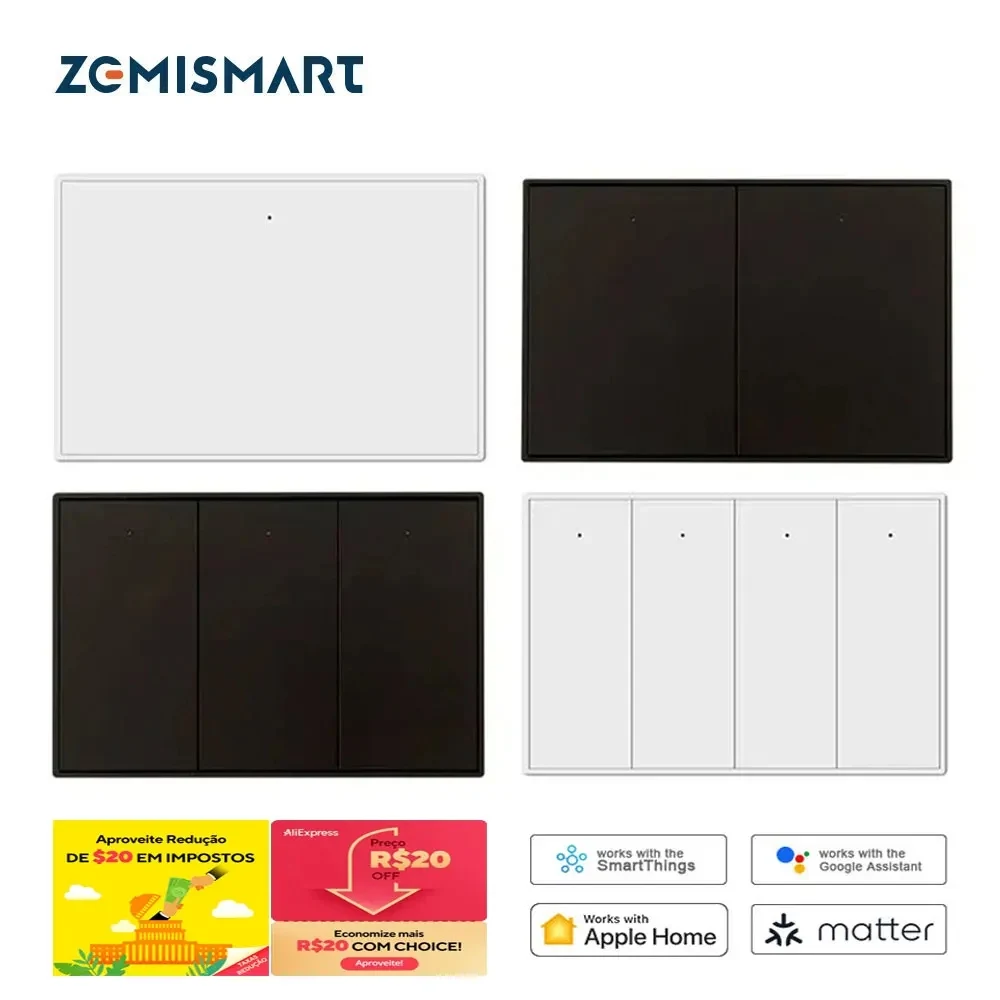 Zemismart Matter WiFi สมาร์ทสวิตช์ไฟผนัง 1 2 3 4 6 Gangs Neutral ต้องใช้ปุ่มใหญ่ Homekit SmartThings App Control 1