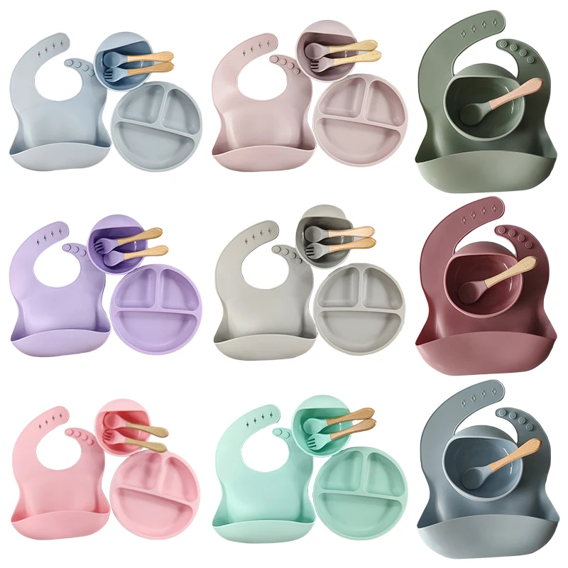 

3/5PCS Baby Silicone Tableware Set Sucker Bowl Plate Bibs Spoon Fork Sets Non-slip Baby Dishes Suction Children Dinnerware