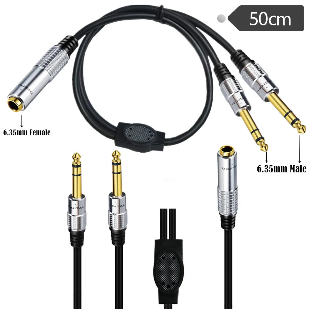 6.35mm Female Jack to 2 x 1/4& Male Plug Stereo Audio Adapter Speaker Y Splitter Cable Gold Plated Cable Cord 0.5m