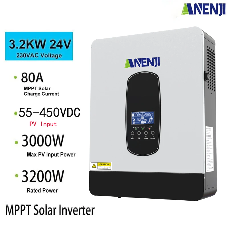 Inverter Solare Ibrido 3000W 24V Inverter Fotovoltaico 220V Onda Sinusoidale Pura Pv 55-450Vdc Inverter Off Grid 80A Caricatore Solare Mppt