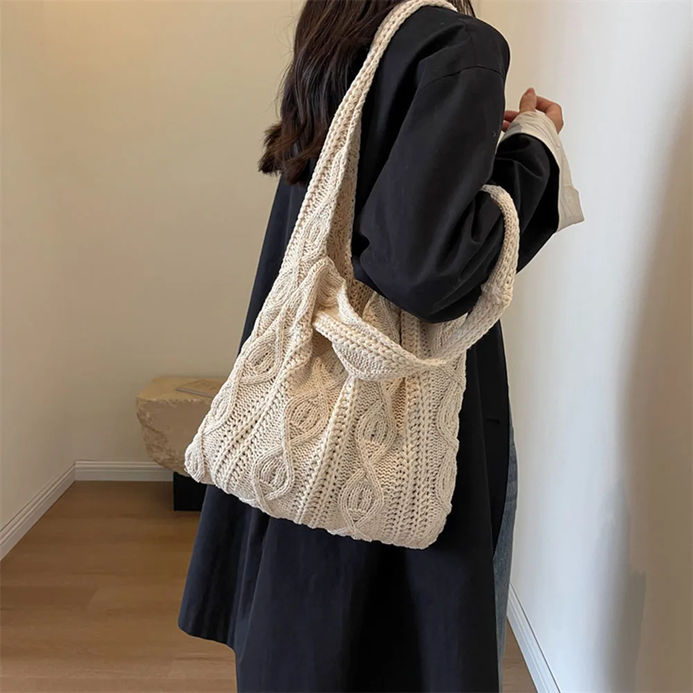 Wool Knitted Shoulder Shopping Bag for Women Vintage Cotton Cloth Girls Tote Shopper Bag Large Female Handbag Crochet Bag 2