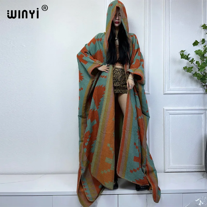 WINYI new Winter coat outfits Women high quality dress Loose Thick Warm Female kaftan poncho dress Hooded mop coat fashion Abaya 4