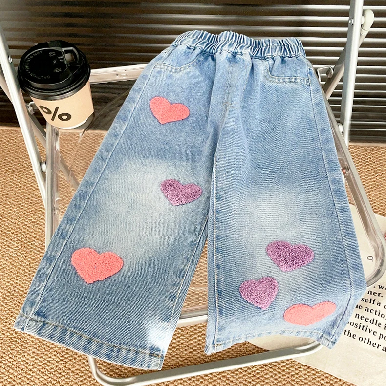 بنطلون جينز للفتيات مستقيم وفضفاض بتصميم مغسول ناعم من الدنيم، موديل خريفي جديد للفتيات الصغيرات، بنطلون واسع الساق متعدد الاستخدامات