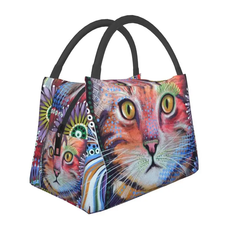 

Abstract Modern Cat Art Insulated Lunch Bags for Women Portable Kitty Painting Cooler Thermal Bento Box Office Picnic Travel
