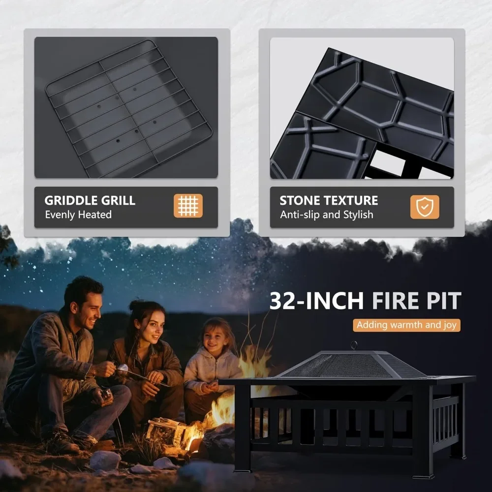 Multifunctional Patio Fire Pit Table, 32in Square Metal BBQ Firepit Stove Backyard Garden Fireplace with Spark Screen Li 6