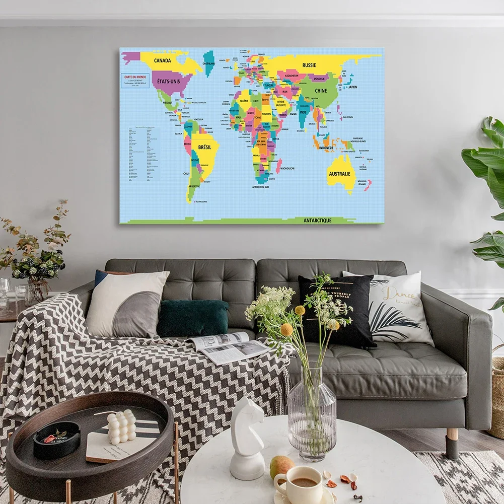 The World Map 225*150cm in French Poster Non-woven Canvas Painting Wall Decorative Hanging Picture Home School Supplies