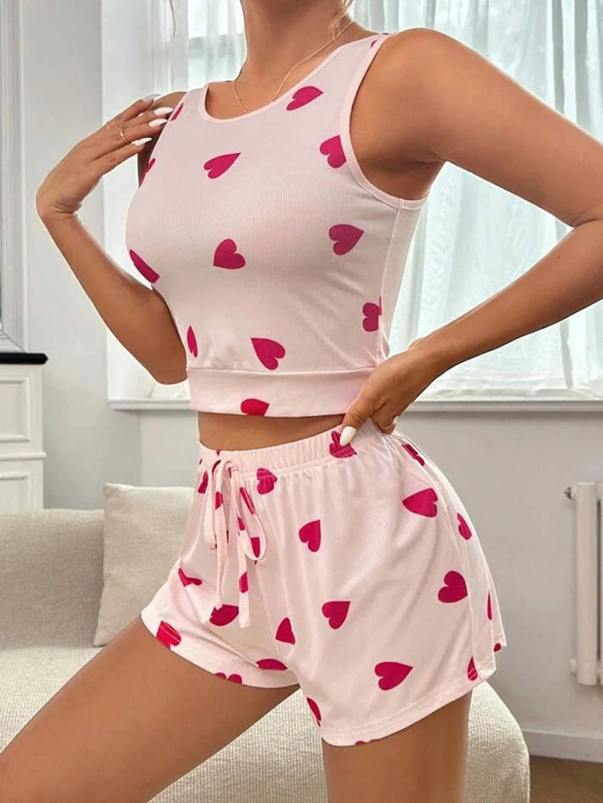 Marthaqiqi Causal Printing Ladies Pajamas Suit O-Neck Sleepwear Sleeveless Nightgowns Tank Tops Nightie Shorts Femme Pyjamas Set