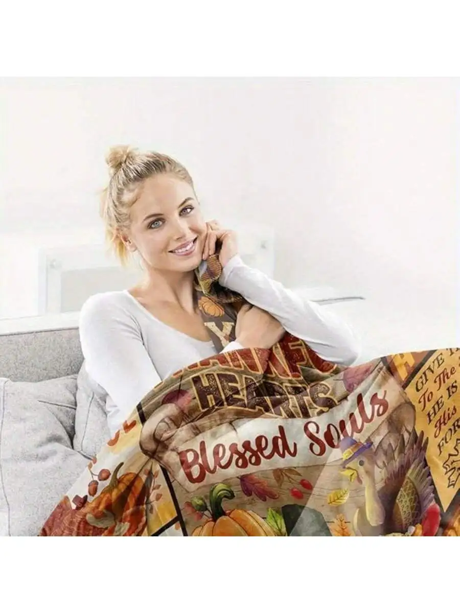 Thanksgiving Pumpkin Plaid Throw Blanket, Fall Decor with Turkey Maple Leaf Pattern, Cozy Couch Bed Sofa Blanket for Autumn