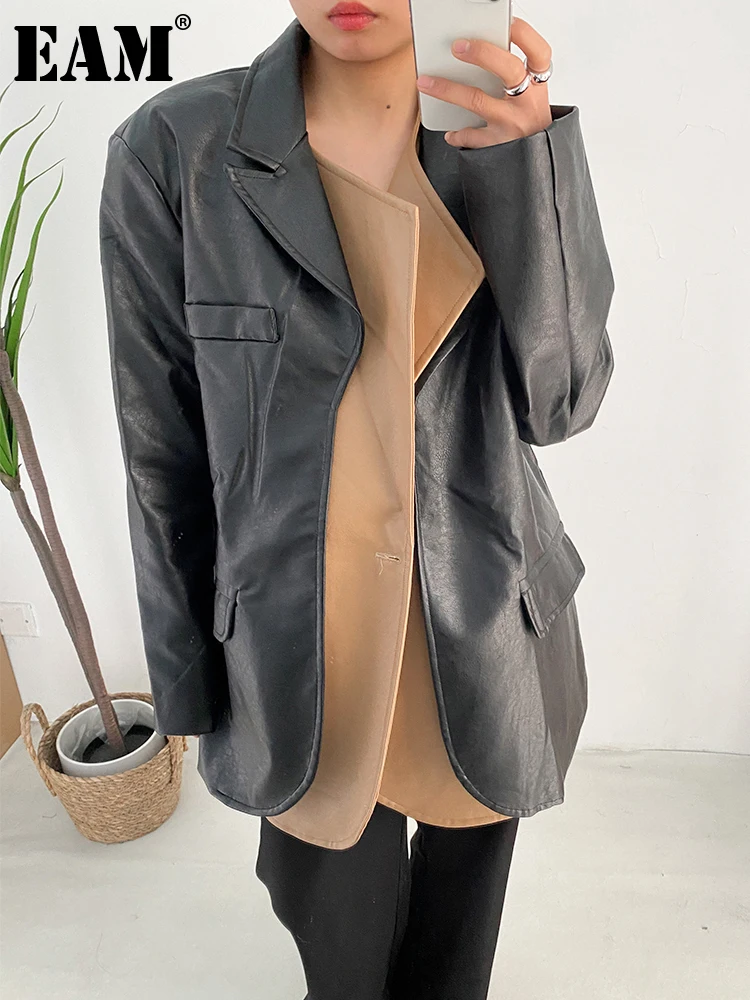 

[EAM] Women Black Pu Leather Big Size Blazer New Lapel Long Sleeve Loose Fit Jacket Fashion Tide Spring Autumn 2023 1DF0383