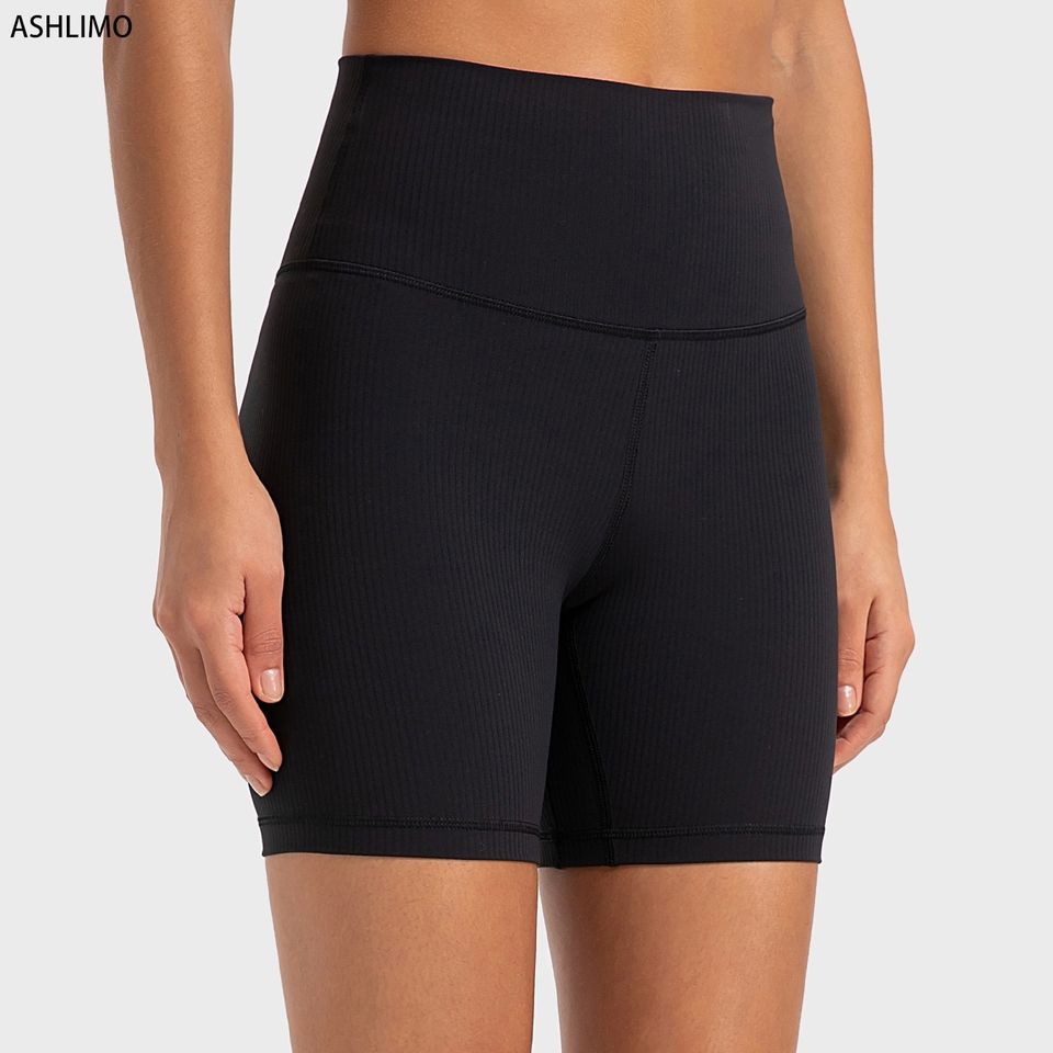 Black Ribbed Womens Gym Shorts Sports High Waist Breathable Fitness Push Up Yoga Shorts Womens Running Shorts