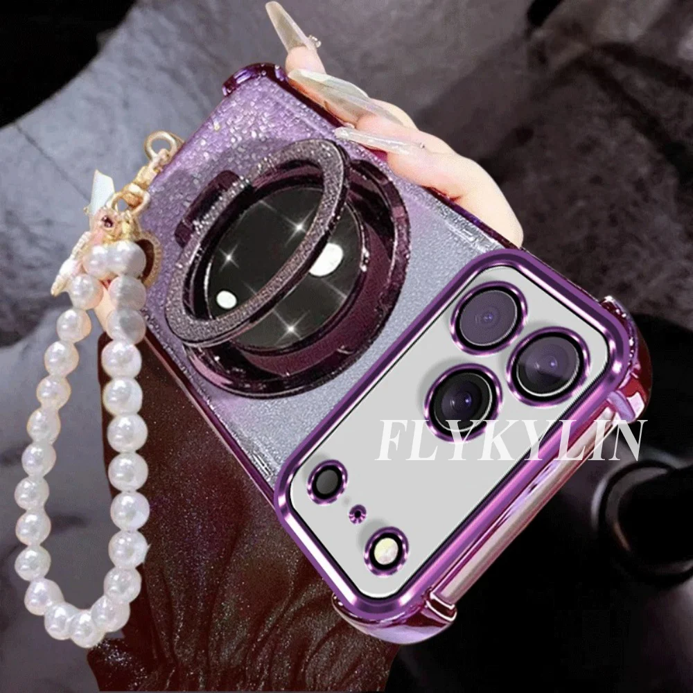 Enhanced Flashing Anti-Drop Phone Case with Makeup Mirror Holder and Pearl Chain