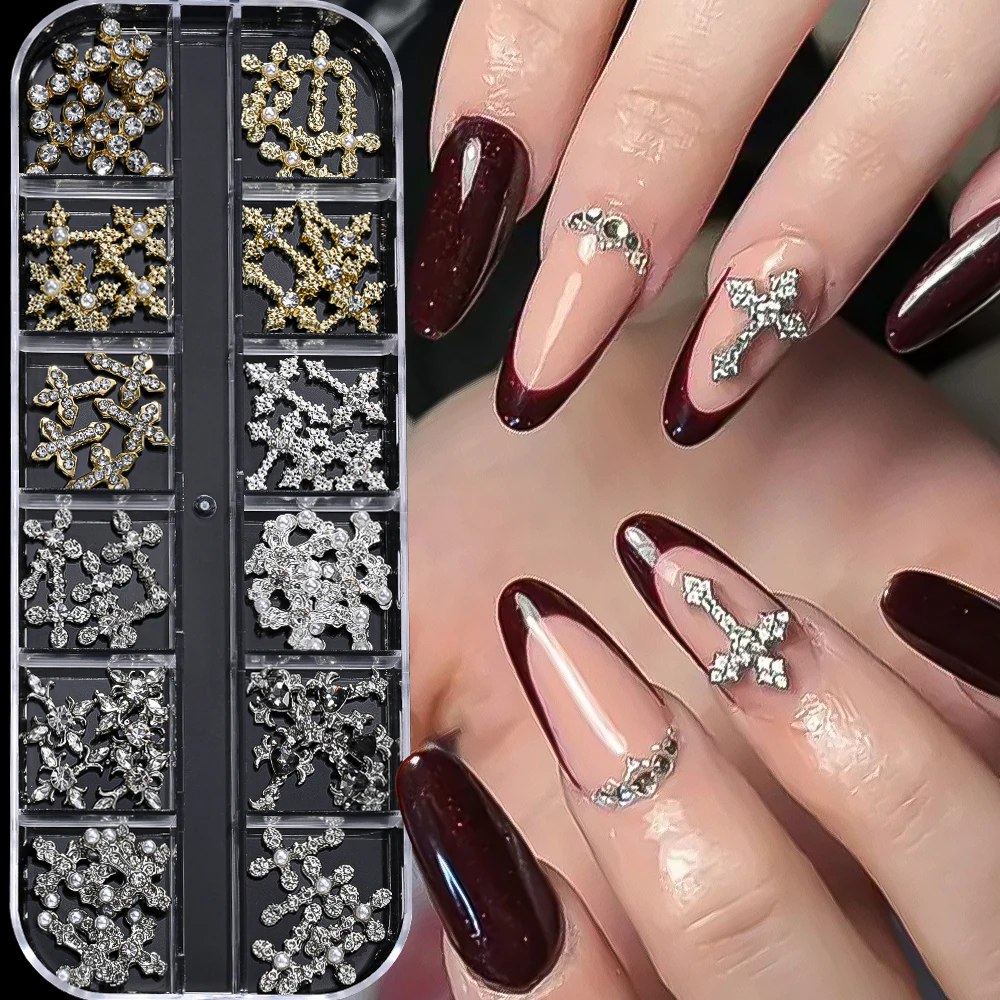 12Grids 3D Exquisite Kreuz Nail art Strass Y2k Metall Punk Voll Glitter Diamant Kreuz Nagel Charms Flache-Rückseite schmuck Nagel Dezember – Detail 2