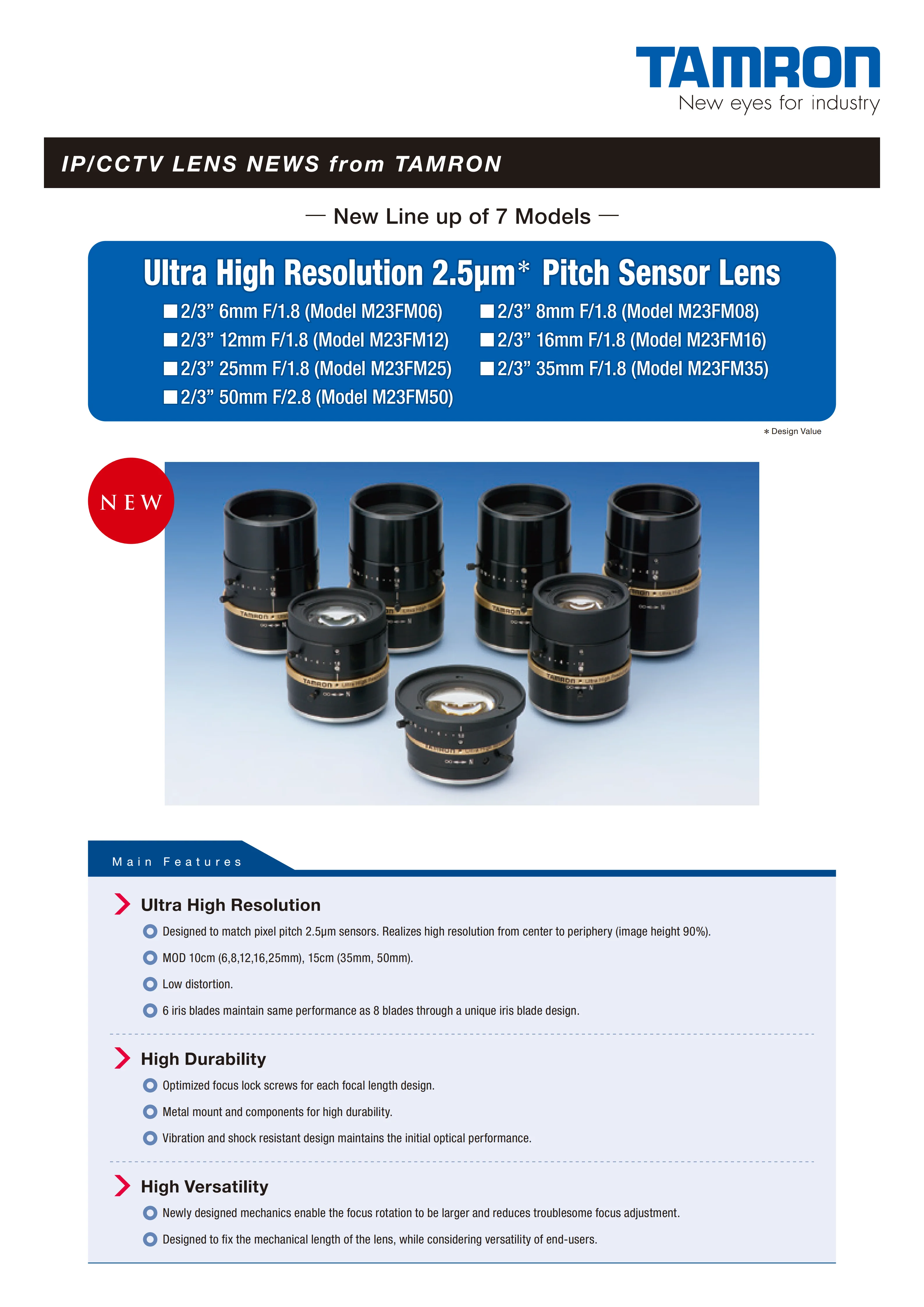 2.5μm 픽셀 피치 2/3″ 초고해상도 고정 초점 렌즈 시리즈 f=16mm F/1.8 (모델: M23FM16) TAMRON