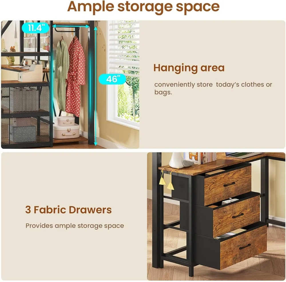 Twin Loft Bed with L-Shaped Desk, Wardrobe & Storage Stairs, LED Lights & Charging Station, Rustic Brown