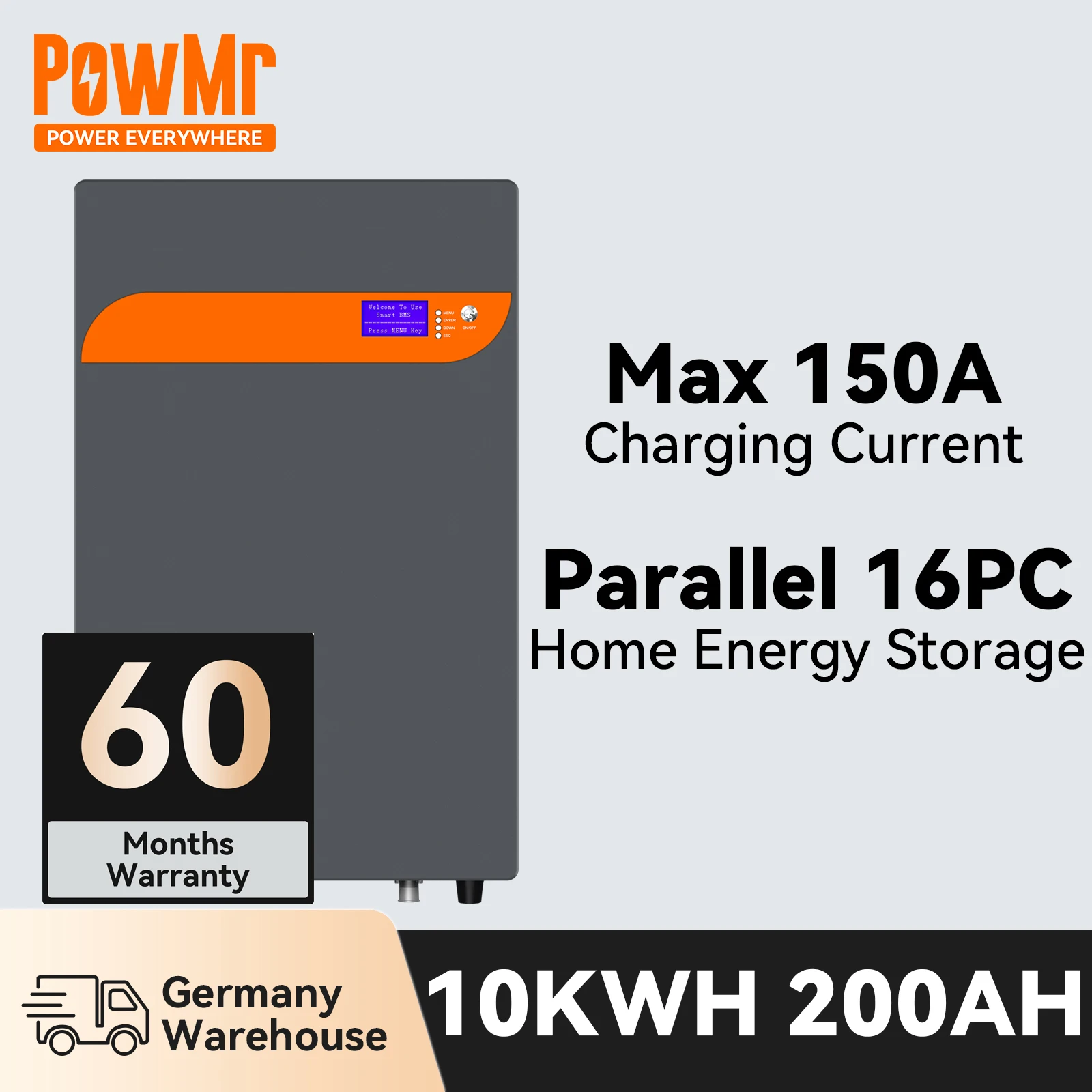 Batteria Al Litio Powmr 200Ah 51.2V 10Kwh 48V Batterie Lifepo4 Max 150A Corrente Di Ricarica 6000 Volte 80% Dod