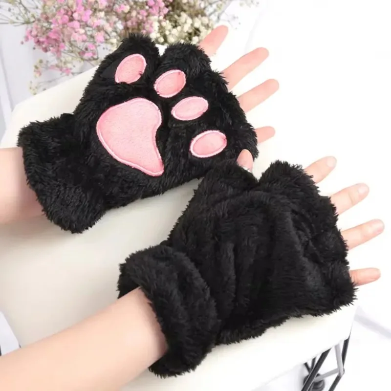 1 Pair Women Cartoon Cat Claw Gloves Thicken Fingerless Soft Plush Warm Cute Bear Paw Fingers Winter Kawaii Half Finger Mittens - Image 5