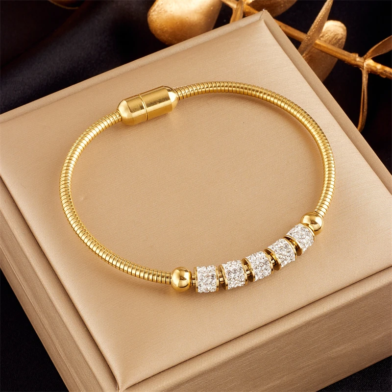 Stainless Steel Gold Color Rhinestone Beaded Bracelet For Women Fashion Ladies Magnet Clasp Bangles - Image 5