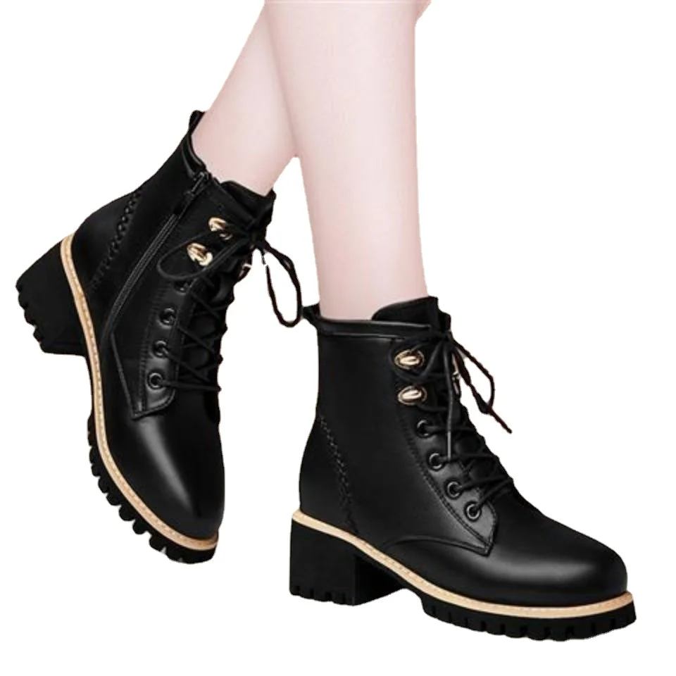 Women Shoes Boots Ankle 2023 New Autumn British Wind Genuine Leather Thick With Fur Ladies Short Boots Motorcycle heels boots