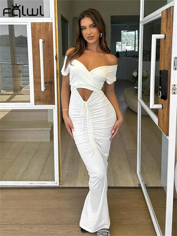 

Habbris Sexy White Off Shoulder Maxi Dress Club Outfit For Women 2024 Spring Hollow Out Shirring Long Dress Beach Vacation Dress