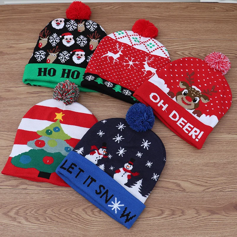 Adults Children Christmas Hat Glowing LED Christmas Knitted Hat Santa Claus Tree Elk Gift