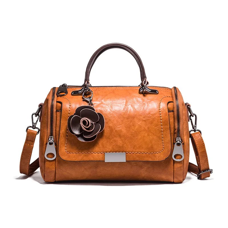 

2023 New Flowers Pendant PU Leather Handbag Women's Fashion Boston Bags Single Shoulder Bag Ladies Crossbody Messenger Bag