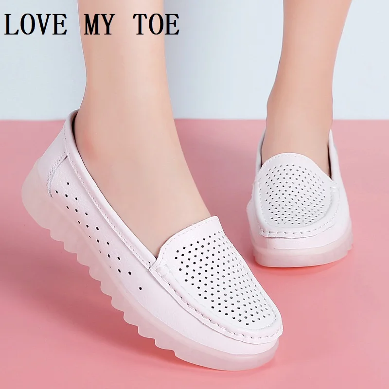 2024 Casual Concise White Breathable Genuine Leather Flats Platform Lady Loafers Shoes For Women Chaussure Femme Zapatos Mujer