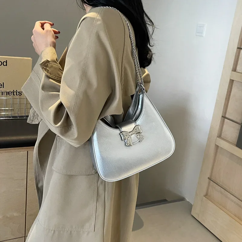 Women's Bow Handbags 2024 New Fashion Korean Style Niche Underarm High-Grade Chain Messenger Bag