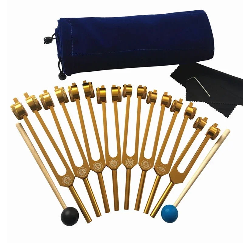 Luxury Gold Tuning Forks Set Professional Chakra Tuning Fork Set Yoga Meditation Sound Healing Aluminum Alloy Diapason Therapy