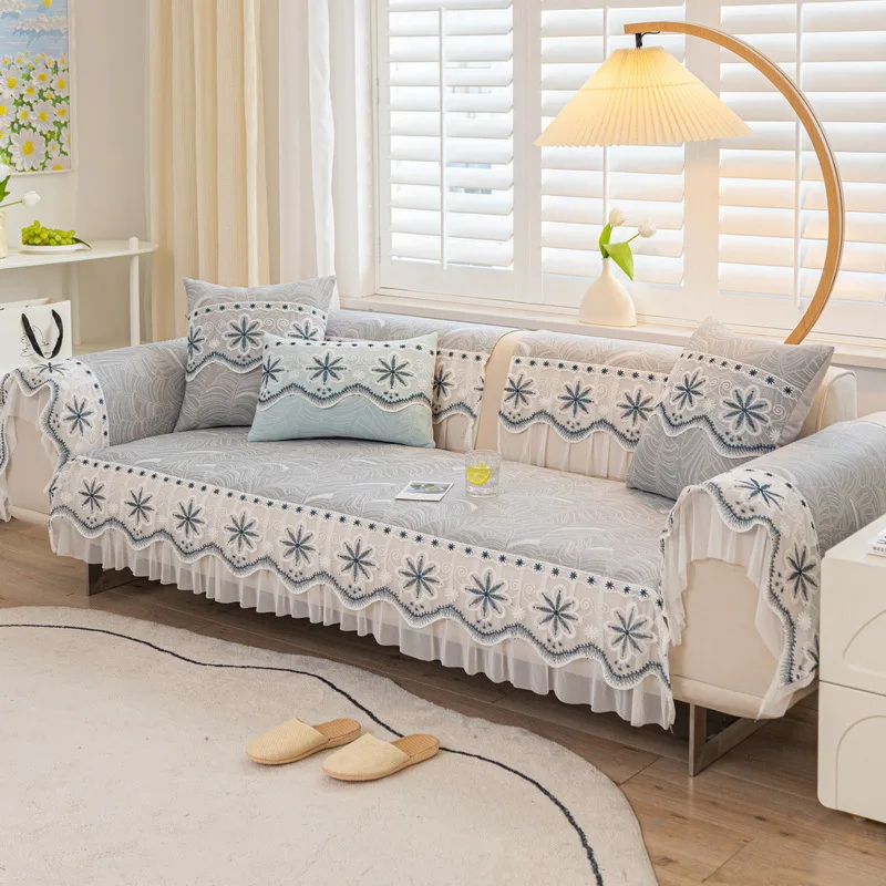 Small Fresh Summer Cool Sofa Cushion Summer Universal Ice Silk Jacquard 2023 New Lace Non-slip Leather Cushion Cover 6