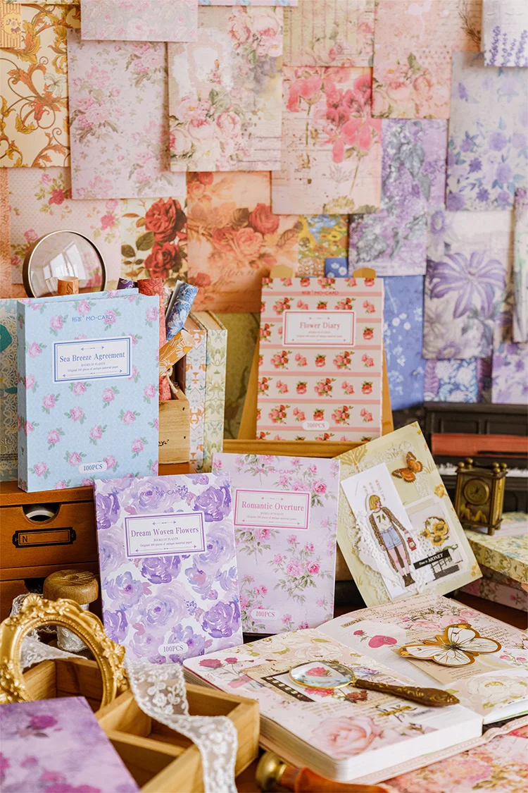 Description Picture 2 of itemJIANQI 100 pcs Vintage Background Paper Floral Paper DIY Scrapbooking Collage Stationery Decor Diary Craft Material Set