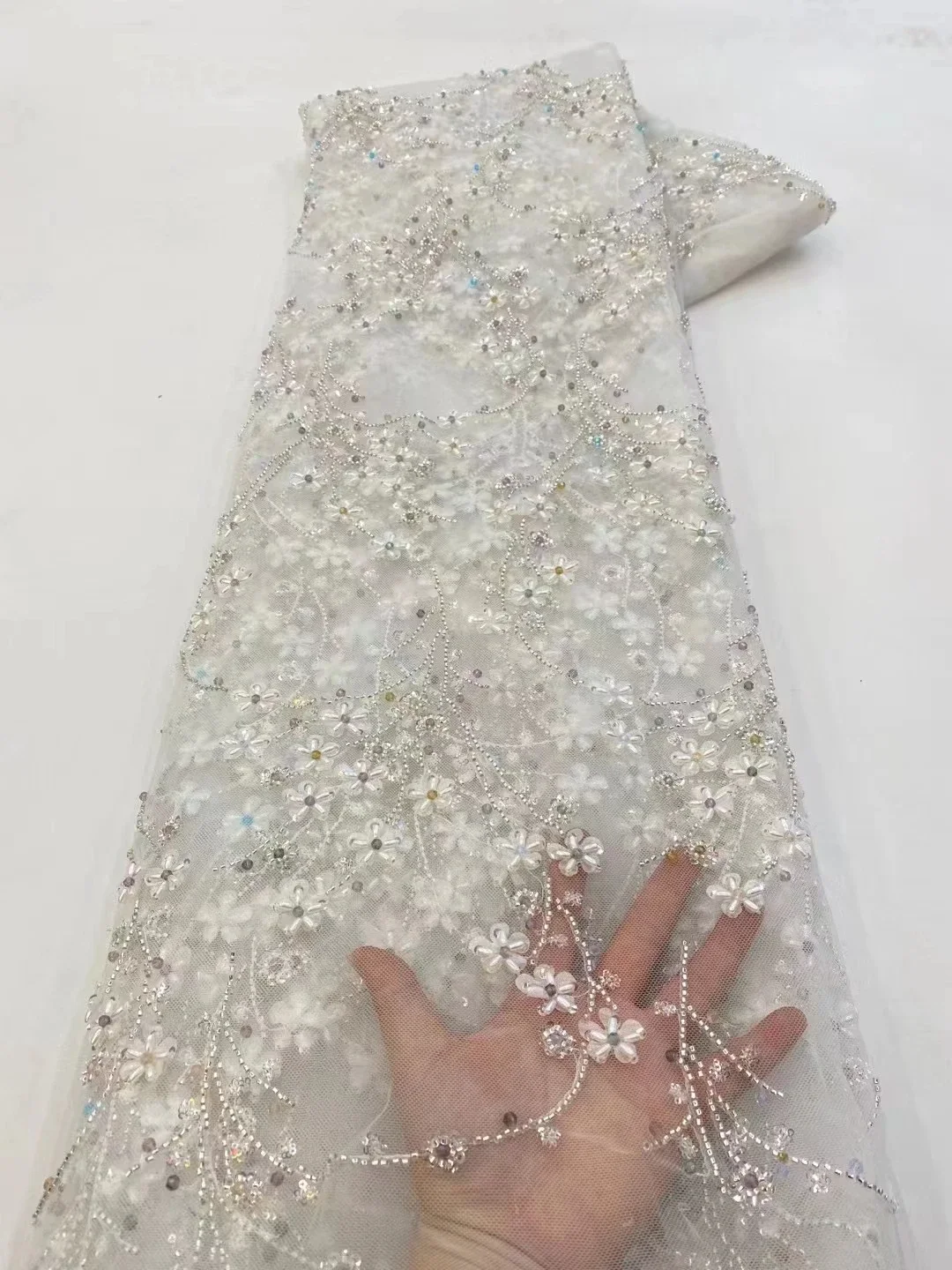 

Белые бусины, вышивка в виде трубок, африканская кружевная ткань 2023, высокое качество, искусственный материал, блестки для фотографий PXX23163