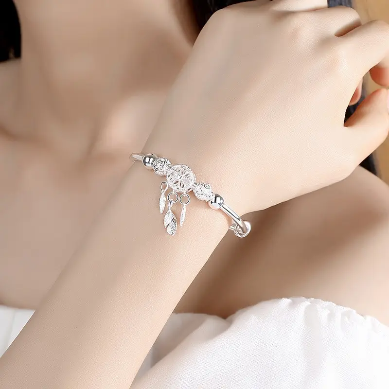 Silver Plated Bracelet Leaf Bracelet Silver Bracelet 1pcs Copper Alloy Ladies Cold Wind Dreamcatcher Leaves Tassel Turn Beads Jewelry