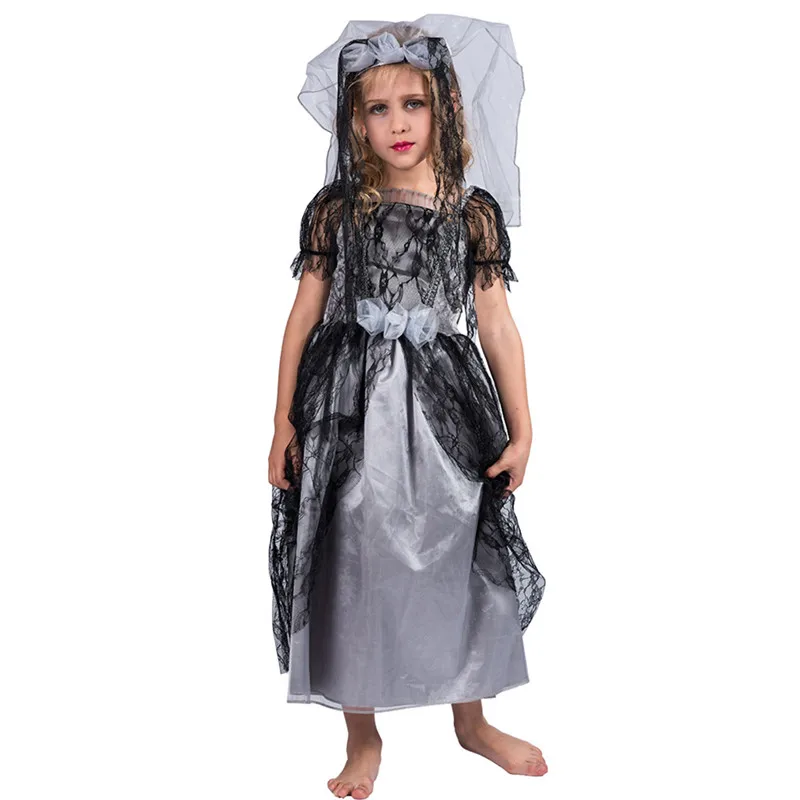 

Grey Lace Girls Corpse Bride Cosplay Children Kids Halloween Zombie Ghost Costumes Carnival Purim Parade Role Play Party Dress