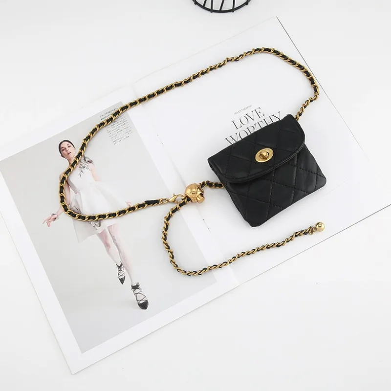 

Fashionable Little Golden Ball Waist Chain Bag for Women French Small Fragrance Lingge Mini Light Chain Decoration Crossbody Bag