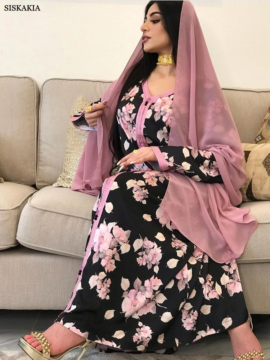 Modest Dress For Women Abaya Elegant Casual Floral Print Lace Tape V Neck Party Long Dresses