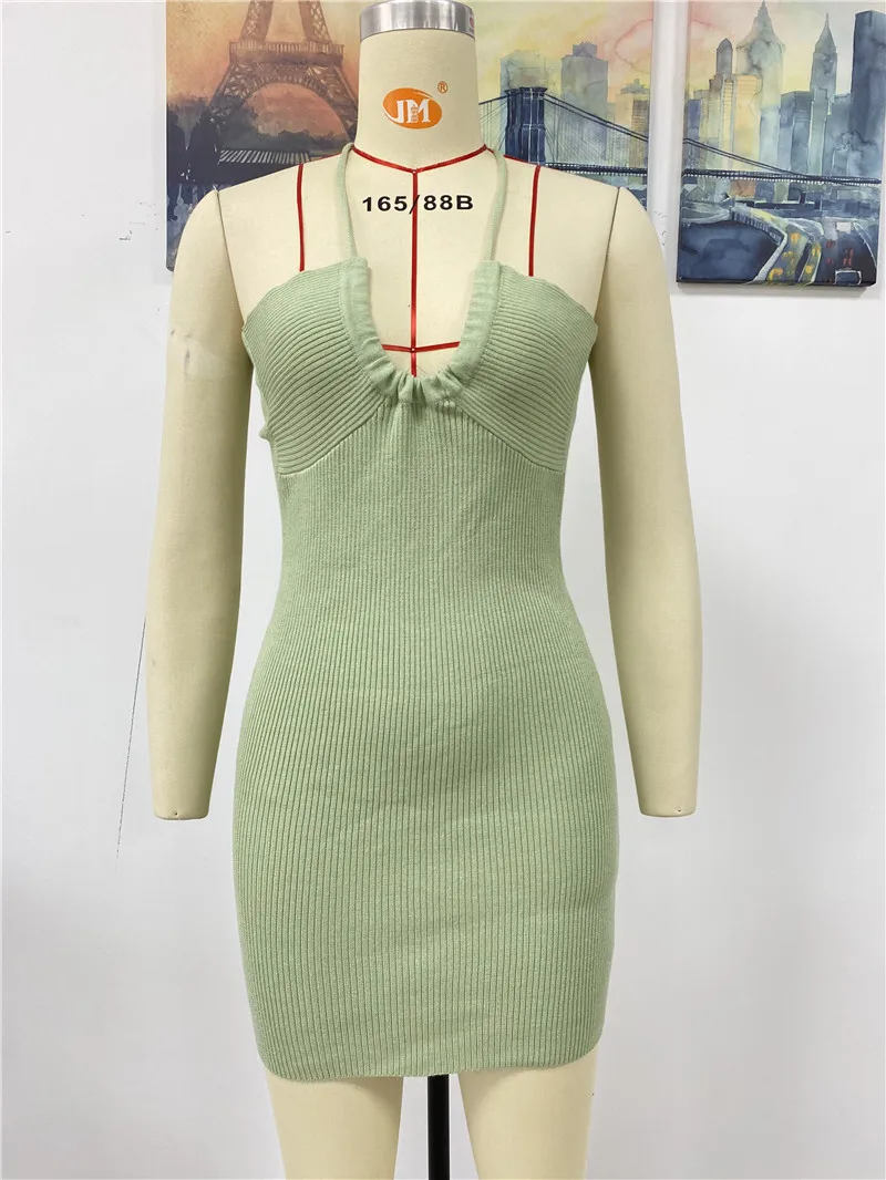 Women Halter Elastic Mini Dress Summer Sexy Backless Knitted Bodycon Dress Club Vestidos Knitting Bikini Cover Up Swimsuit Women