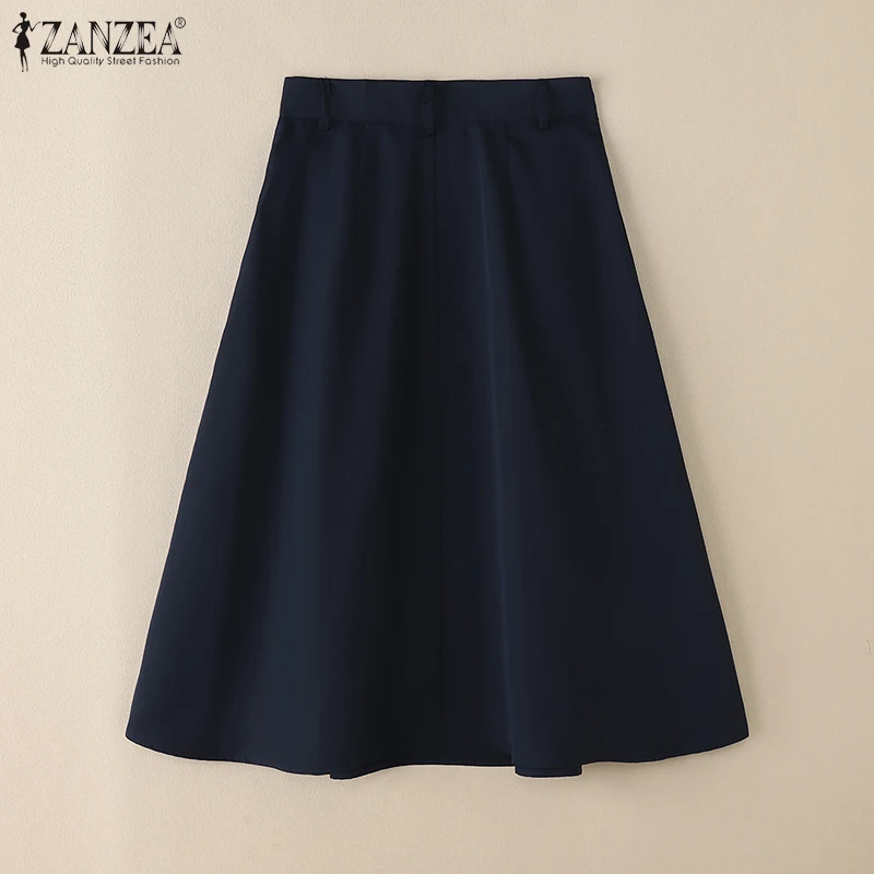 ZANZEA Summer Solid Midi Skirt Elegant Women High Waist Work OL Skirts Fashion A-line Jupes Stylish Party Faldas Saia Plus Size