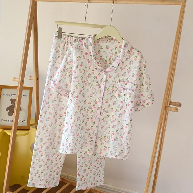 

Cotton Autumn/winter New Rabbit Sweet Homewear Cute 2023 Set 2 Piece Long Pajama Print Pure Pants Women's Sleeved Rose