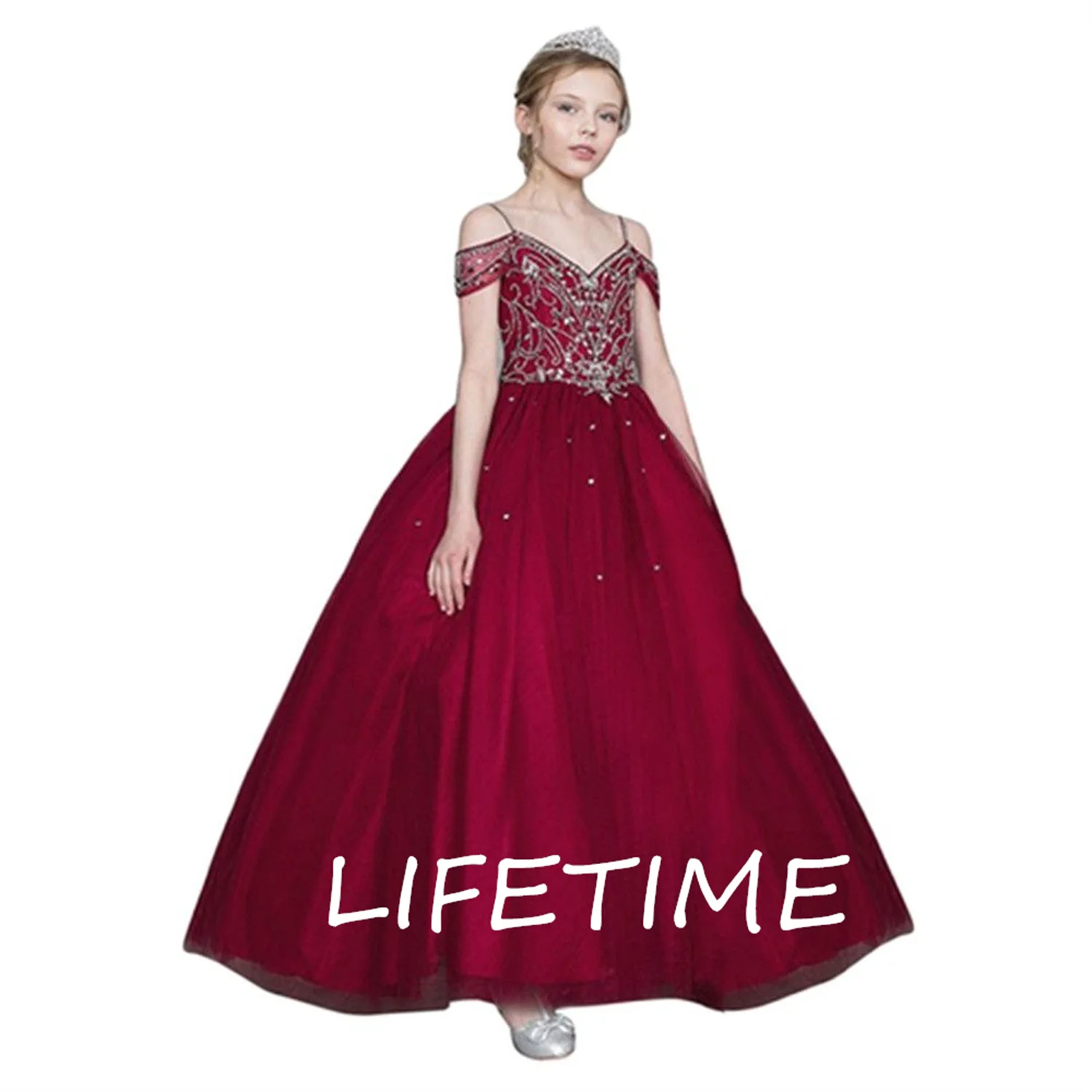 

Flower Girls Dress Beading Tulle Tutu Kids First Communion Dresses Girls Princess Pageant Party Ball Gown for Bridal Wedding