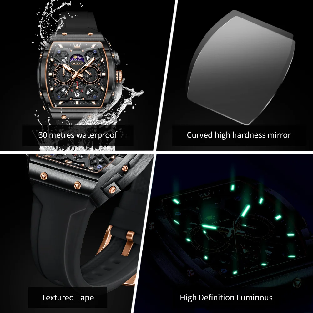 OLEVS 2942 Quartz Watch For Men Luxury Chronograph Date Waterproof Luminous Wristwatches Moon Phase Big Dial Original Man Watch
