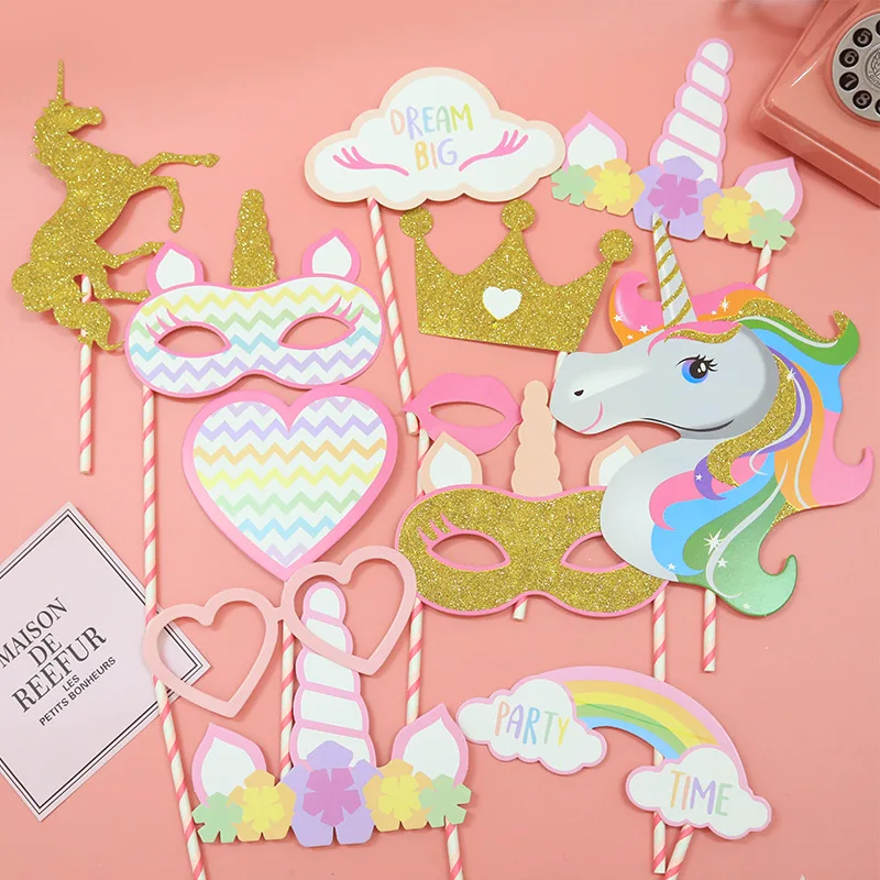 Party photo props halloween decoration props 12pcs Unicorn Theme Photo Props Set Colorful Paper Handheld Photo Booth Props Funny Party Photograph Decoration Set Layout