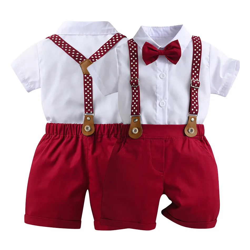 

Summer Short Sleeved Bow Top Red Strap Shorts English Gentleman Children's Set Boy's Piano Hosting Banquet Formal Costume Set