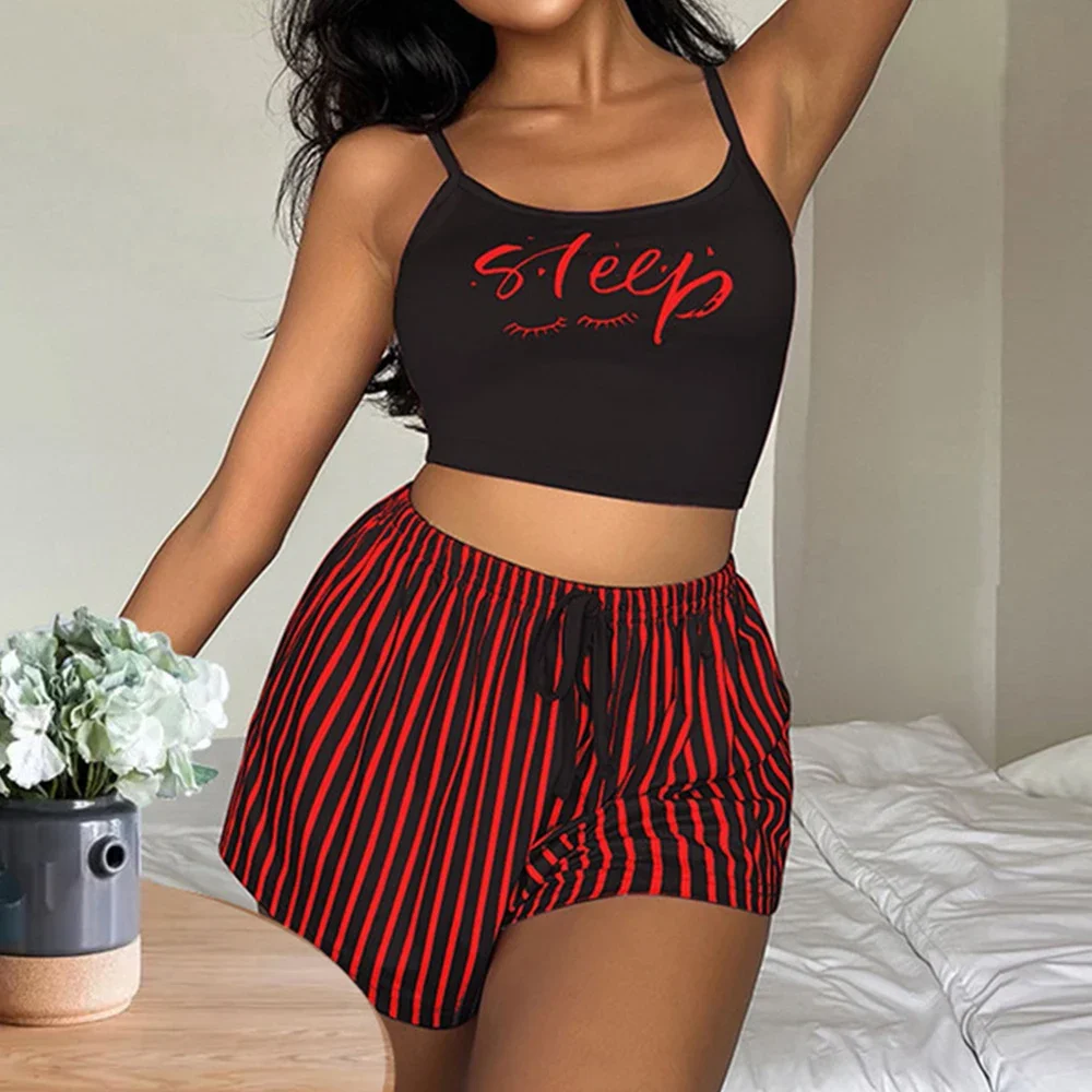 Striped Tank Top Shorts Pajamas Sets for Women Summer Sleepwear Pyjamas Set Camisole and Shorts Ladies Cute Nightwear Loungewear